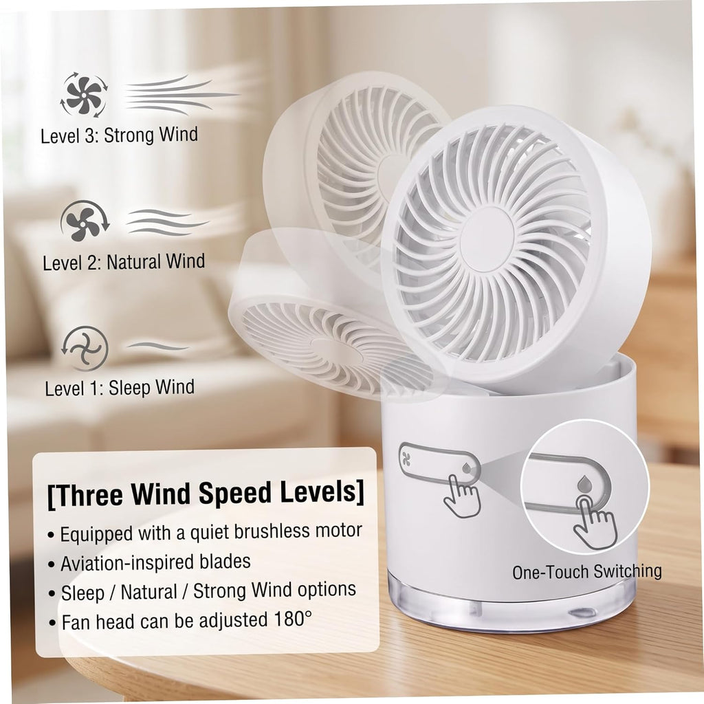 Portable Air Cooler Battery Powered Misting Fan with LED Lights White | 3 Wind Modes Mini Air Cooler, Nano Humidifying Mist, 180° Adjust, LED Ambiance, Home/Office/Travel