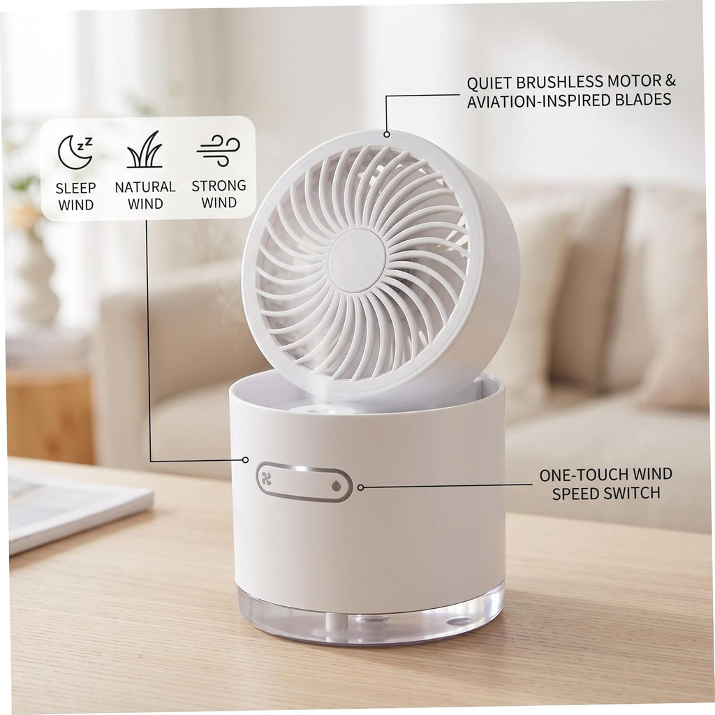 Portable Air Cooler Battery Powered Misting Fan with LED Lights White | 3 Wind Modes Mini Air Cooler, Nano Humidifying Mist, 180° Adjust, LED Ambiance, Home/Office/Travel