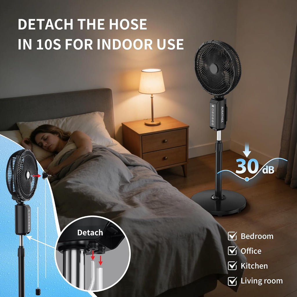 ATEngeus Outdoor Misting Fan 20000mAh Up to 21H Running Time, 12-Inch outdoor Oscillating Fan for Patios, 2 In 1 Pedestal & Tabletop Cooling Fan with Mister, Corded & Cordless, 7 Speeds, Remote, Timer
