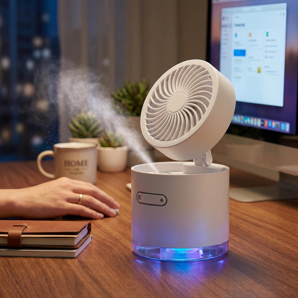 Portable Air Cooler Battery Powered Misting Fan with LED Lights White | 3 Wind Modes Mini Air Cooler, Nano Humidifying Mist, 180° Adjust, LED Ambiance, Home/Office/Travel