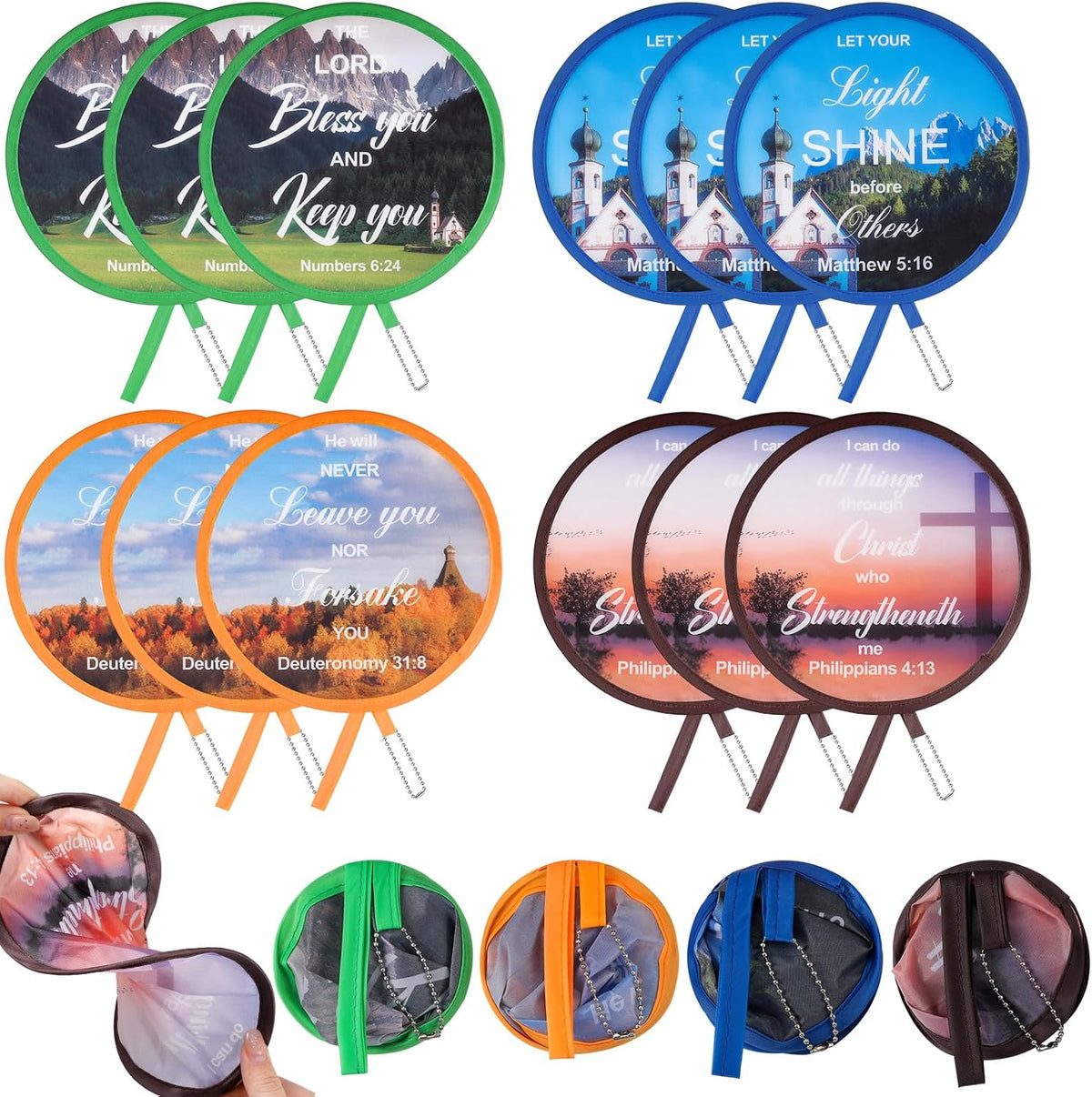 Marsui 12 Pcs Bible Church Foldable Hand Fans Christian Round Handheld Folding Fan Bulk Religious Gifts, Church Hand Fans for Women Wedding Ceremony Party Favors Bible Gift Daily Use