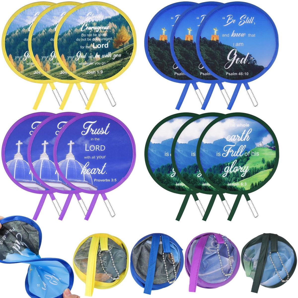 Marsui 12 Pcs Bible Church Foldable Hand Fans Christian Round Handheld Folding Fan Bulk Religious Gifts, Church Hand Fans for Women Wedding Ceremony Party Favors Bible Gift Daily Use