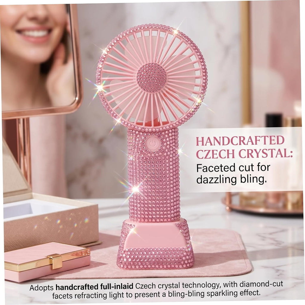 Rhinestone Fan, 3 Speed Rechargeable Portable | Quiet 3 Speed Settings, Ideal for Makeup Application, Lightweight for Travel