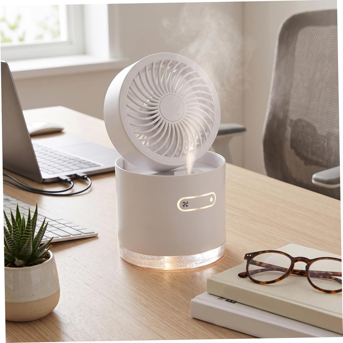 Portable Air Cooler Battery Powered Misting Fan with LED Lights White | 3 Wind Modes Mini Air Cooler, Nano Humidifying Mist, 180° Adjust, LED Ambiance, Home/Office/Travel
