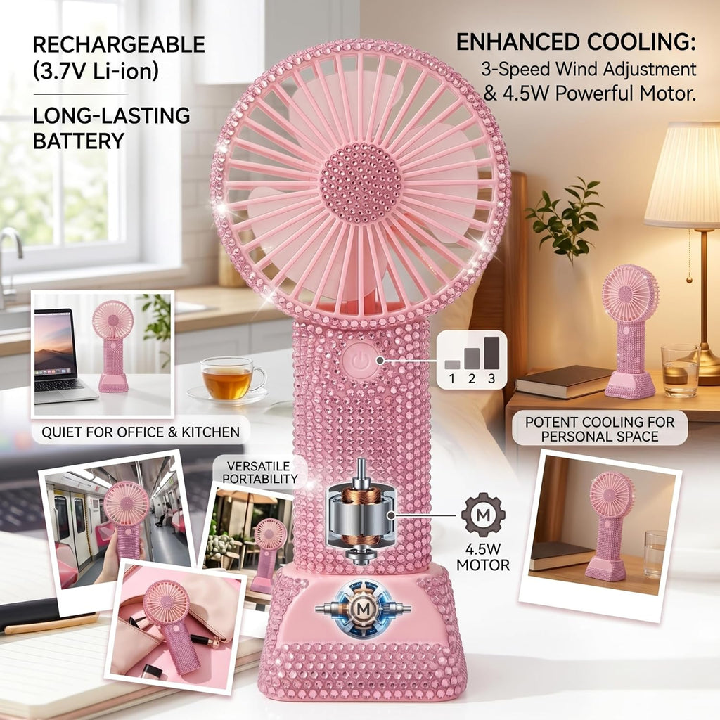 Rhinestone Fan, 3 Speed Rechargeable Portable | Quiet 3 Speed Settings, Ideal for Makeup Application, Lightweight for Travel