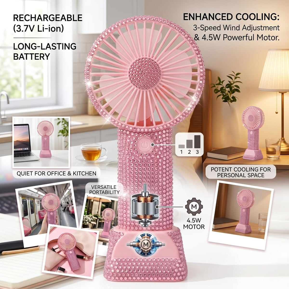 Rhinestone Fan, 3 Speed Rechargeable Portable | Quiet 3 Speed Settings, Ideal for Makeup Application, Lightweight for Travel
