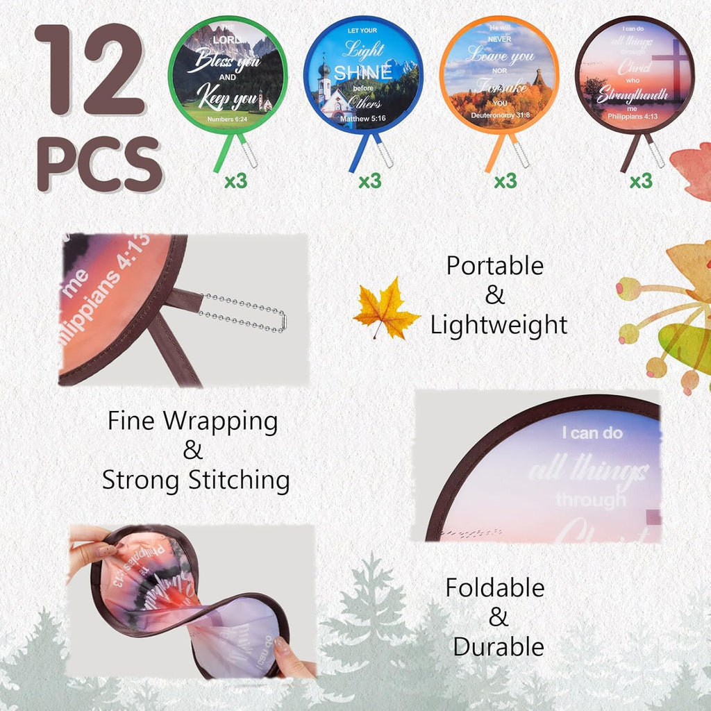 Marsui 12 Pcs Bible Church Foldable Hand Fans Christian Round Handheld Folding Fan Bulk Religious Gifts, Church Hand Fans for Women Wedding Ceremony Party Favors Bible Gift Daily Use