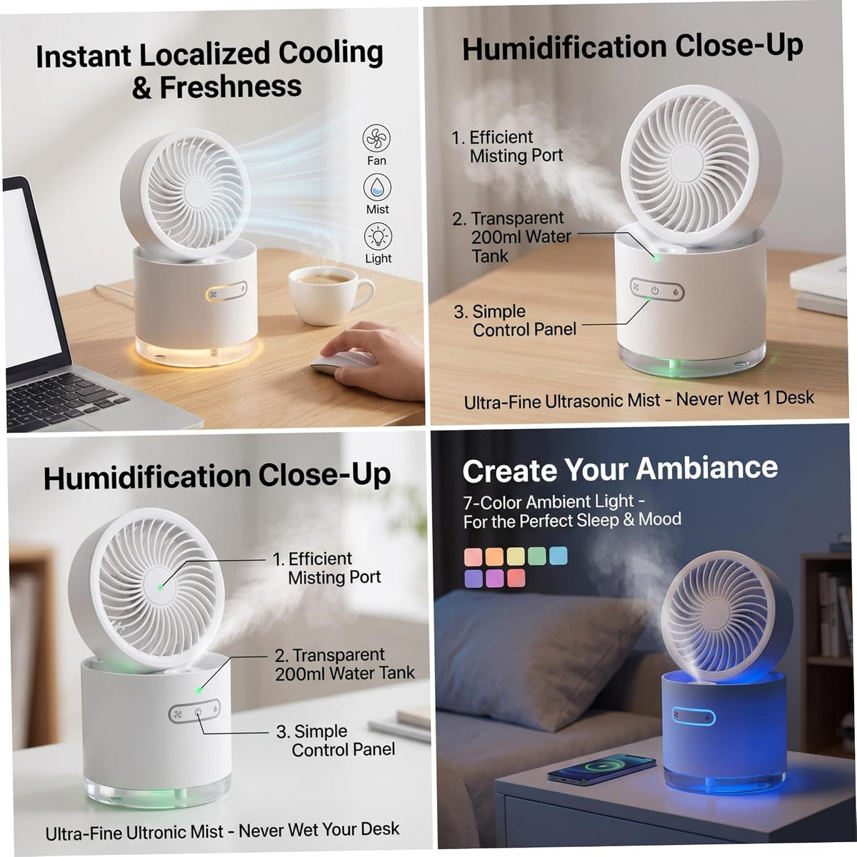 Portable Air Cooler Battery Powered Misting Fan with LED Lights White | 3 Wind Modes Mini Air Cooler, Nano Humidifying Mist, 180° Adjust, LED Ambiance, Home/Office/Travel