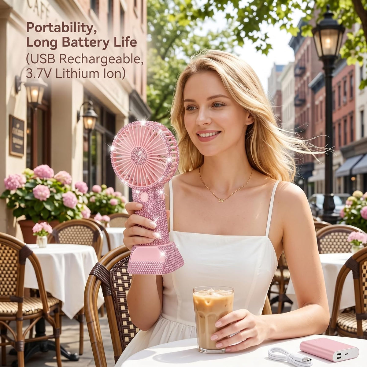 Rhinestone Fan, 3 Speed Rechargeable Portable | Quiet 3 Speed Settings, Ideal for Makeup Application, Lightweight for Travel