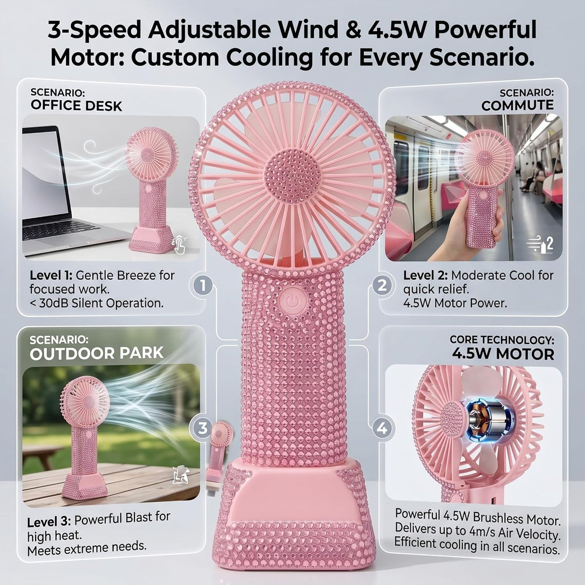 Rhinestone Fan, 3 Speed Rechargeable Portable | Quiet 3 Speed Settings, Ideal for Makeup Application, Lightweight for Travel