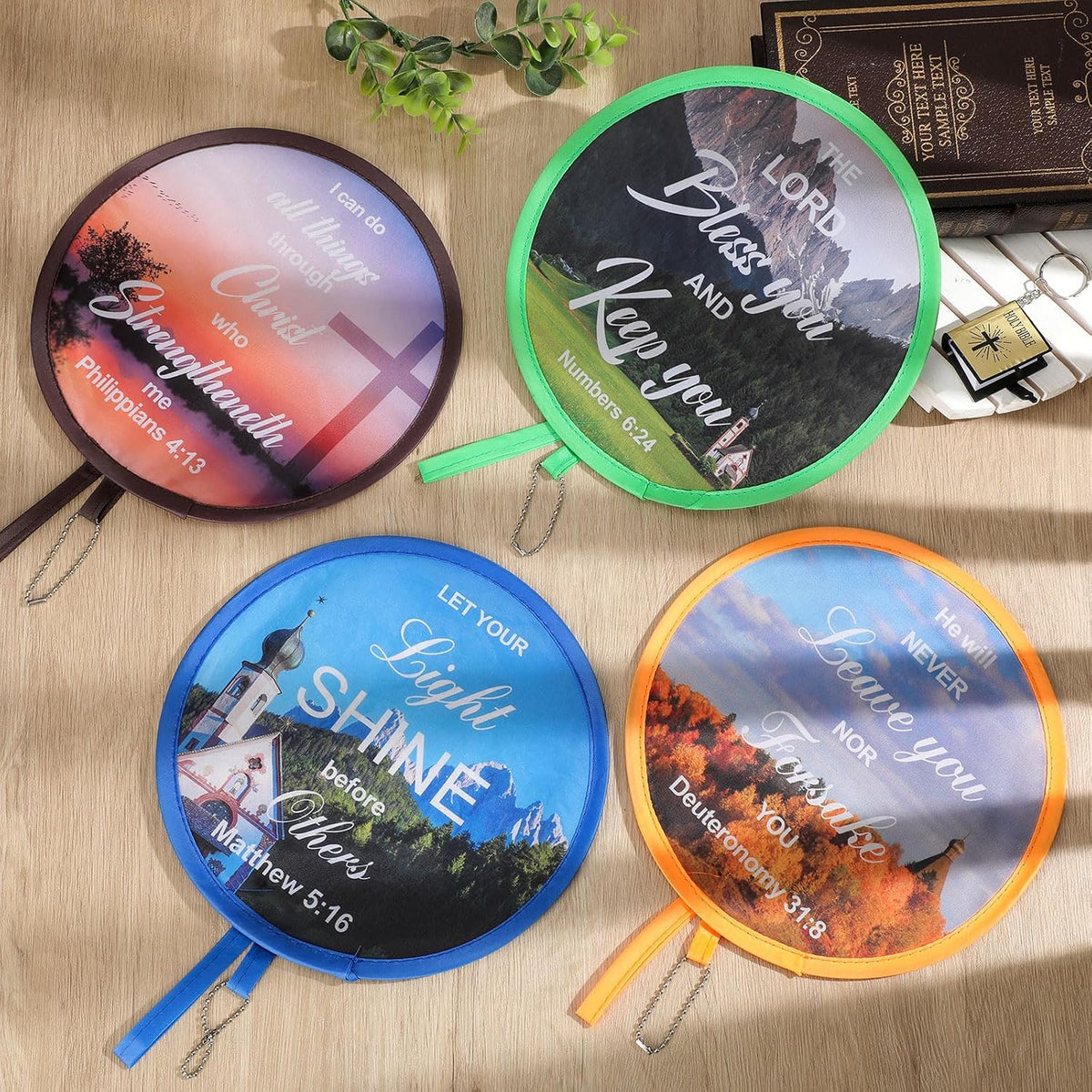 Marsui 12 Pcs Bible Church Foldable Hand Fans Christian Round Handheld Folding Fan Bulk Religious Gifts, Church Hand Fans for Women Wedding Ceremony Party Favors Bible Gift Daily Use