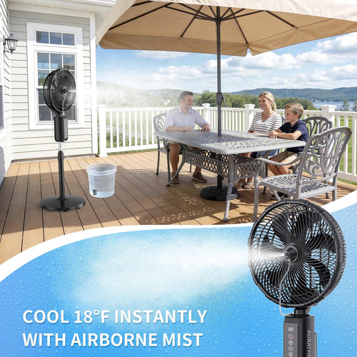 ATEngeus Outdoor Misting Fan 20000mAh Up to 21H Running Time, 12-Inch outdoor Oscillating Fan for Patios, 2 In 1 Pedestal & Tabletop Cooling Fan with Mister, Corded & Cordless, 7 Speeds, Remote, Timer